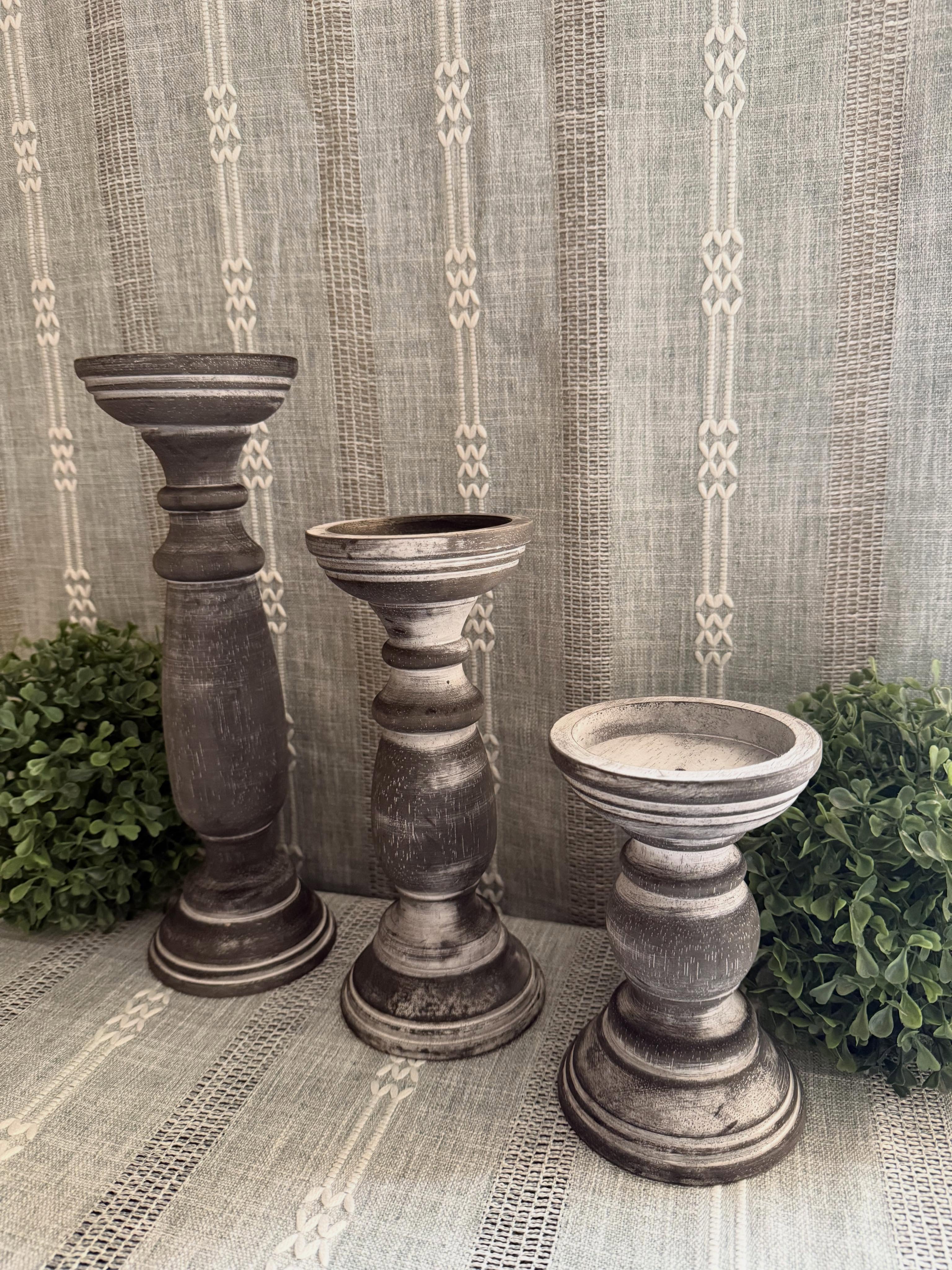 Set 3 Candeleros de madera color gris