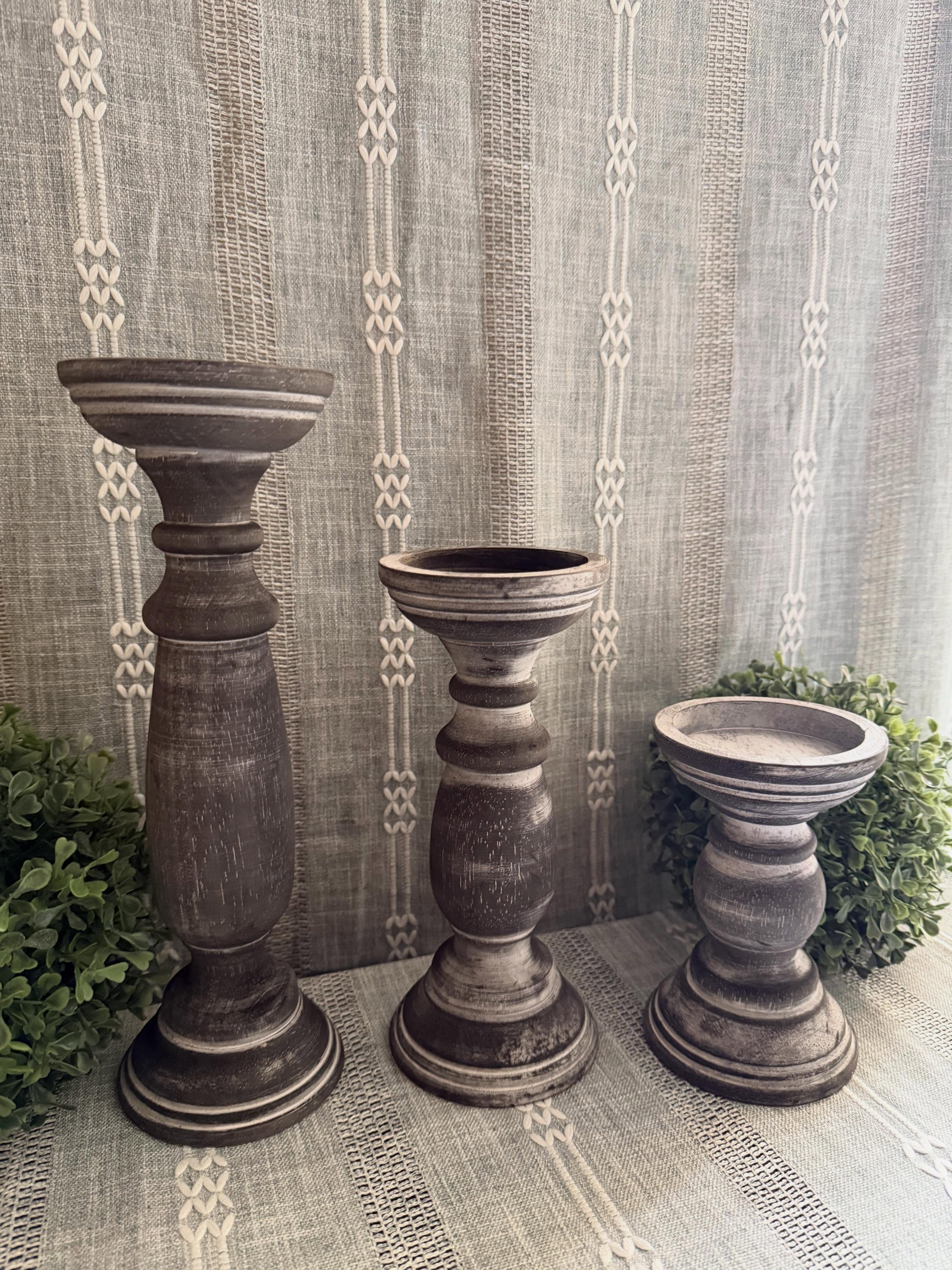 Set 3 Candeleros de madera color gris