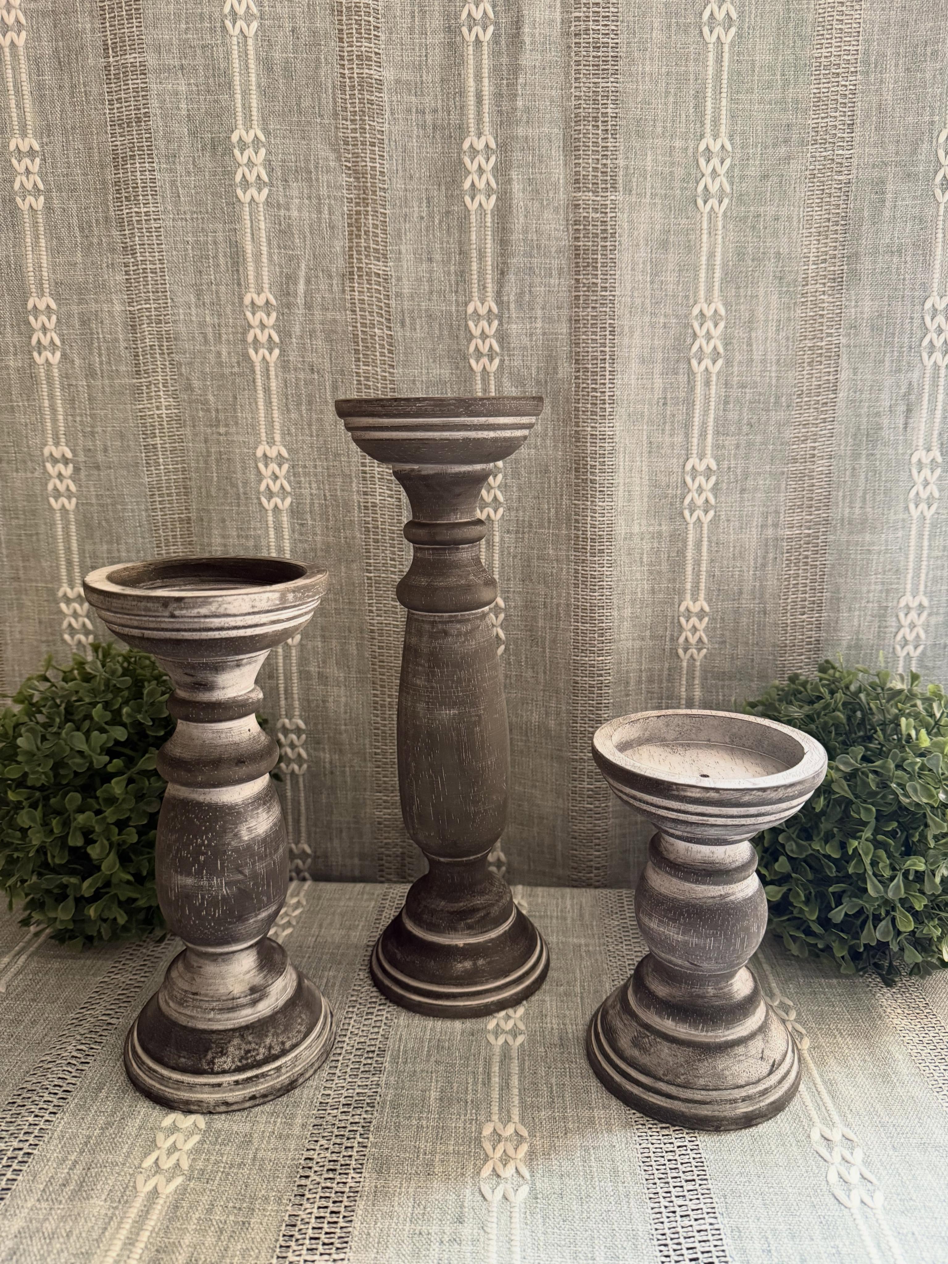 Set 3 Candeleros de madera color gris
