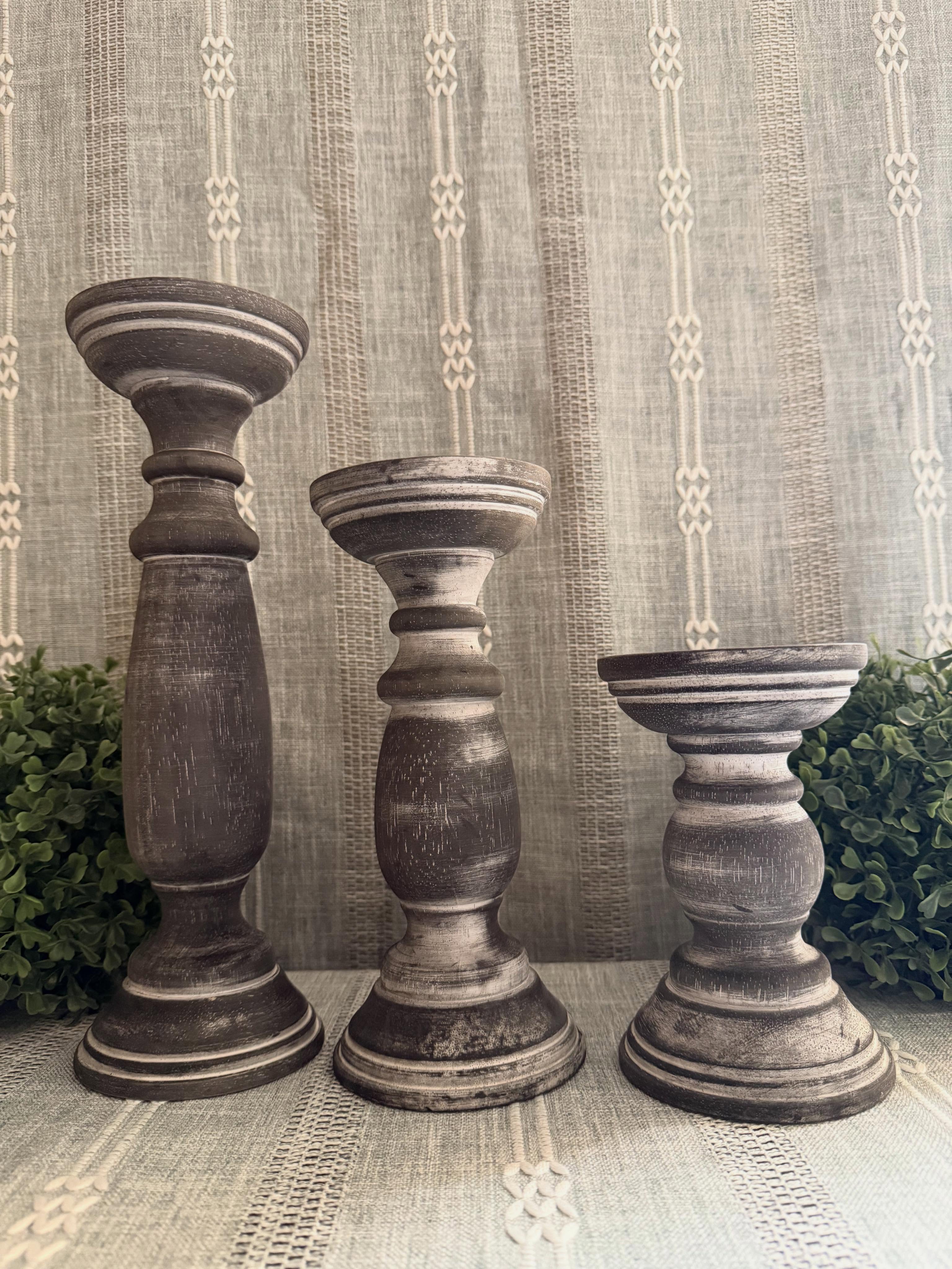 Set 3 Candeleros de madera color gris