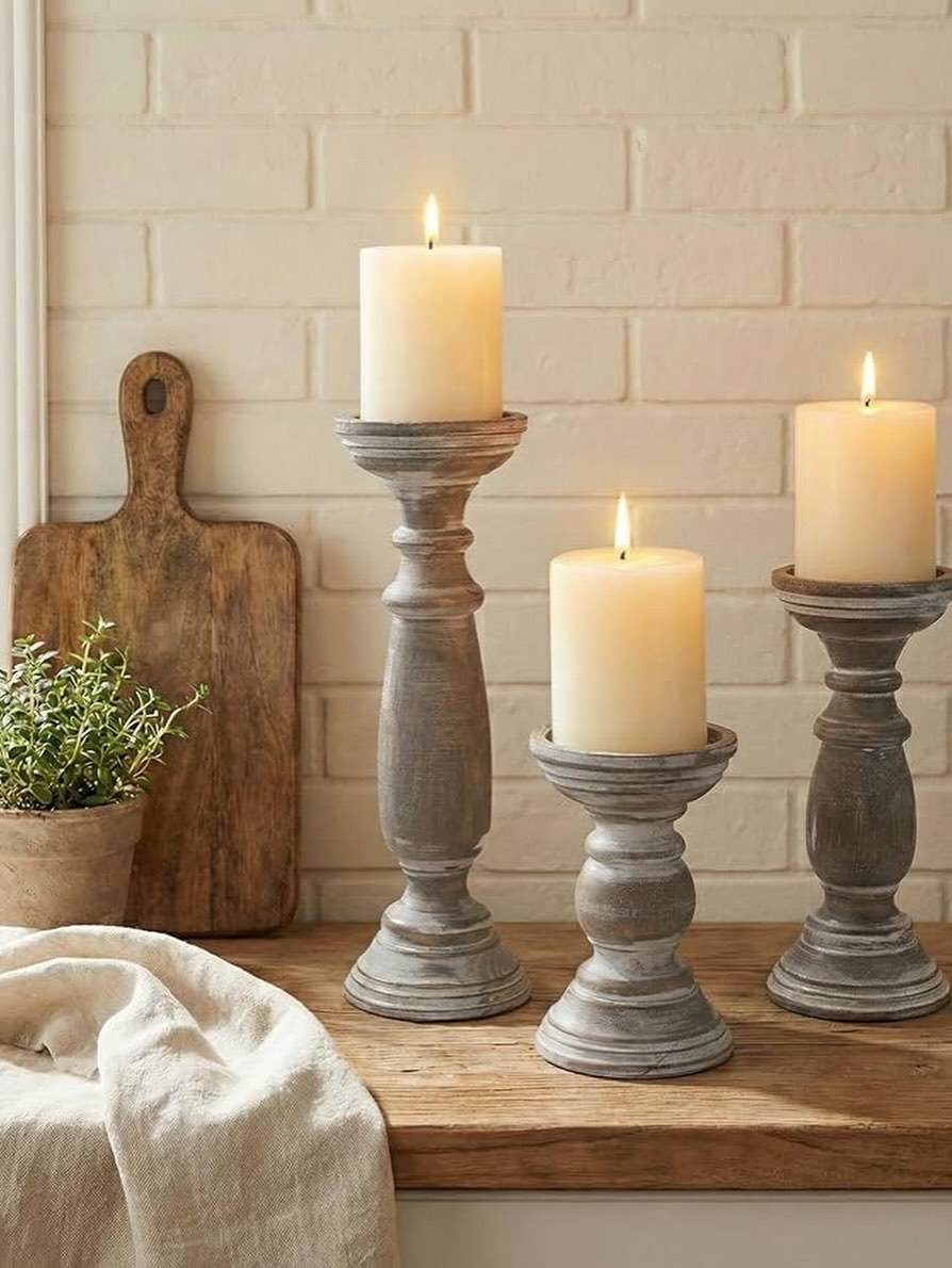 Set 3 Candeleros de madera color gris