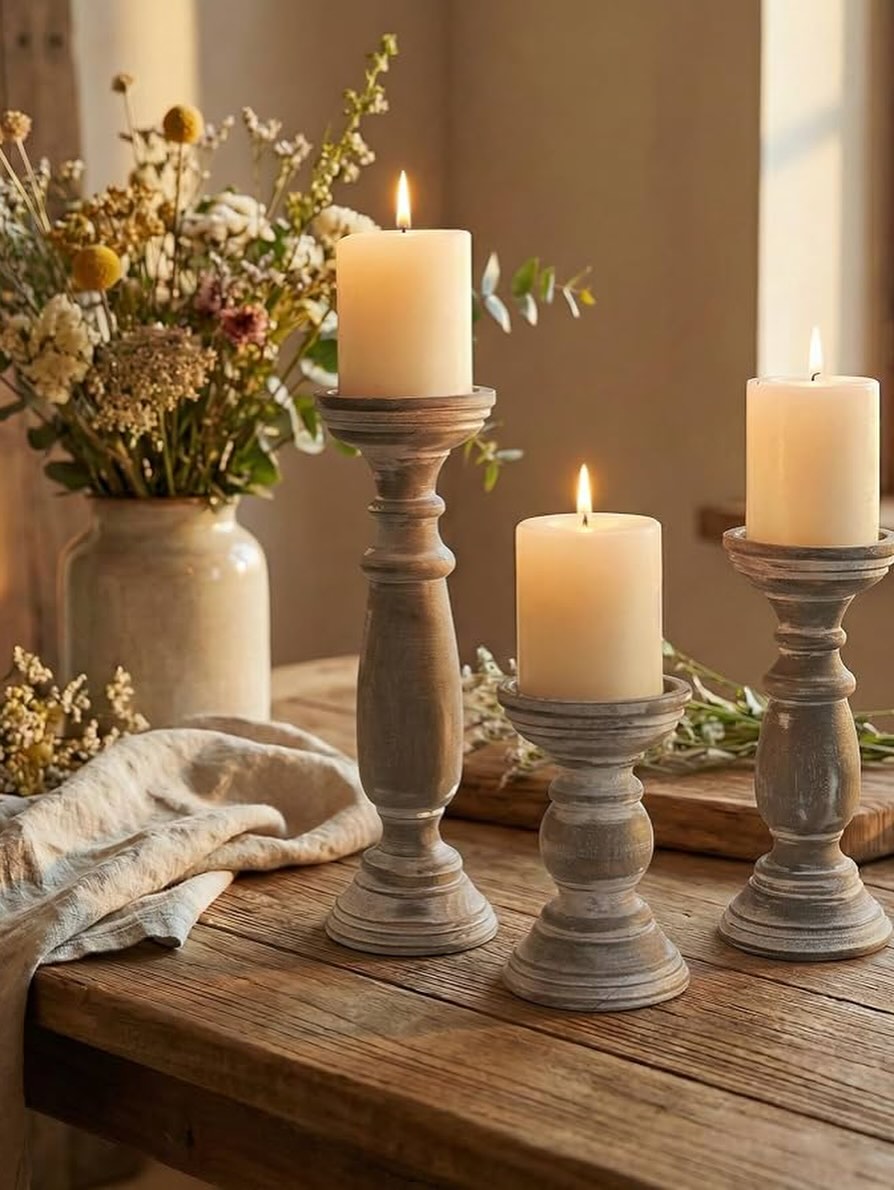 Set 3 Candeleros de madera color gris