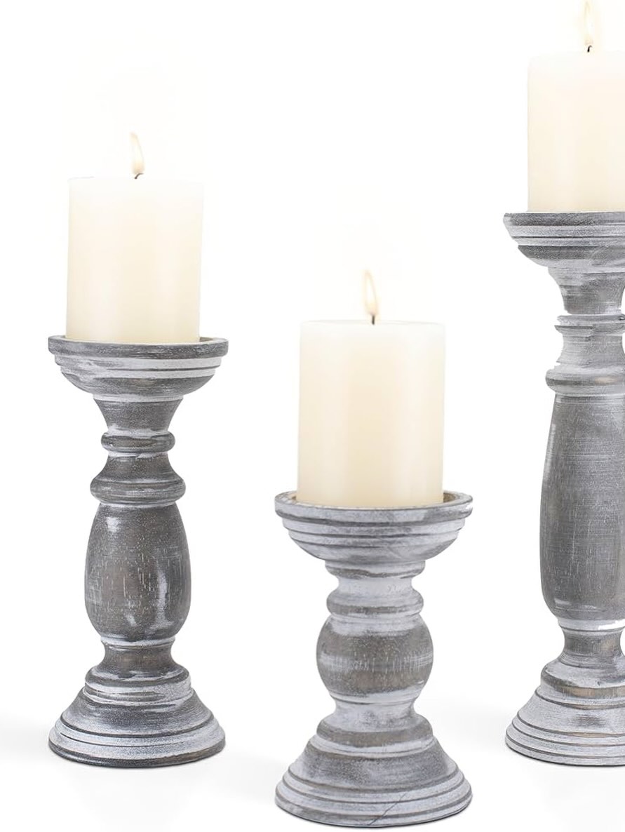 Set 3 Candeleros de madera color gris