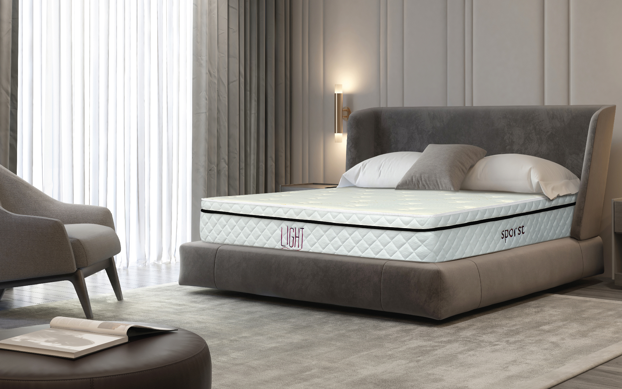 Light mattress with  internal structure slightly showing. Mattress placed in a sporty bedroom including a golf set