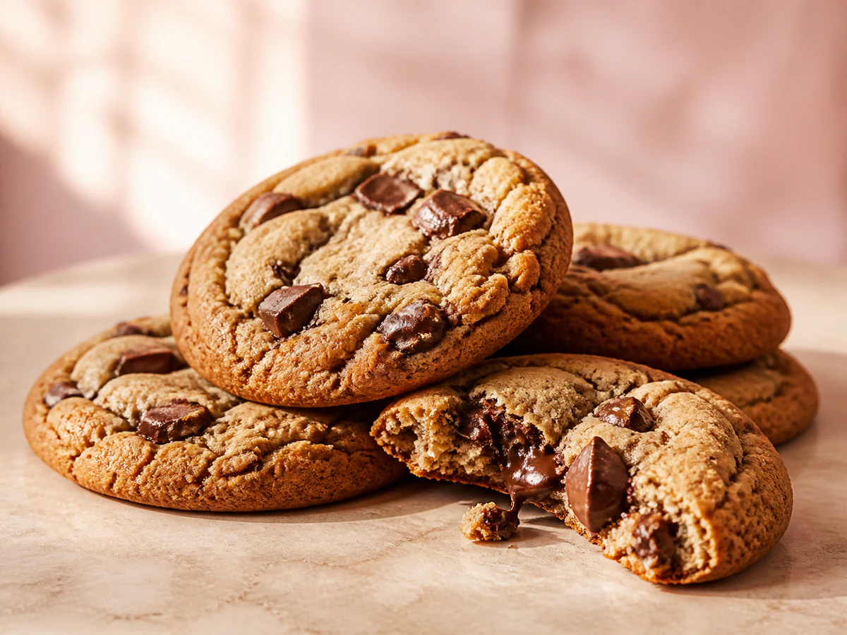 Eggless chocolate chip cookies stacked on a plate