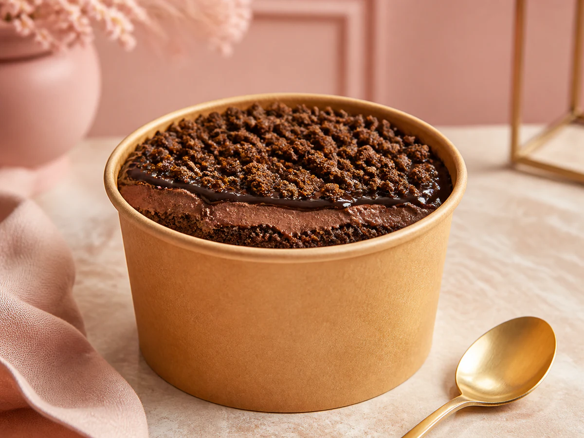 Chocolate crumble dessert tub with layered textures