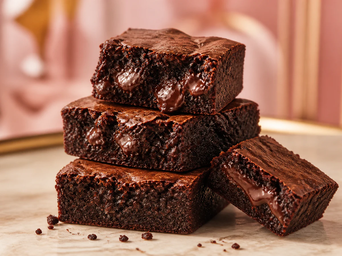 Fudgy chocolate brownies arranged for serving