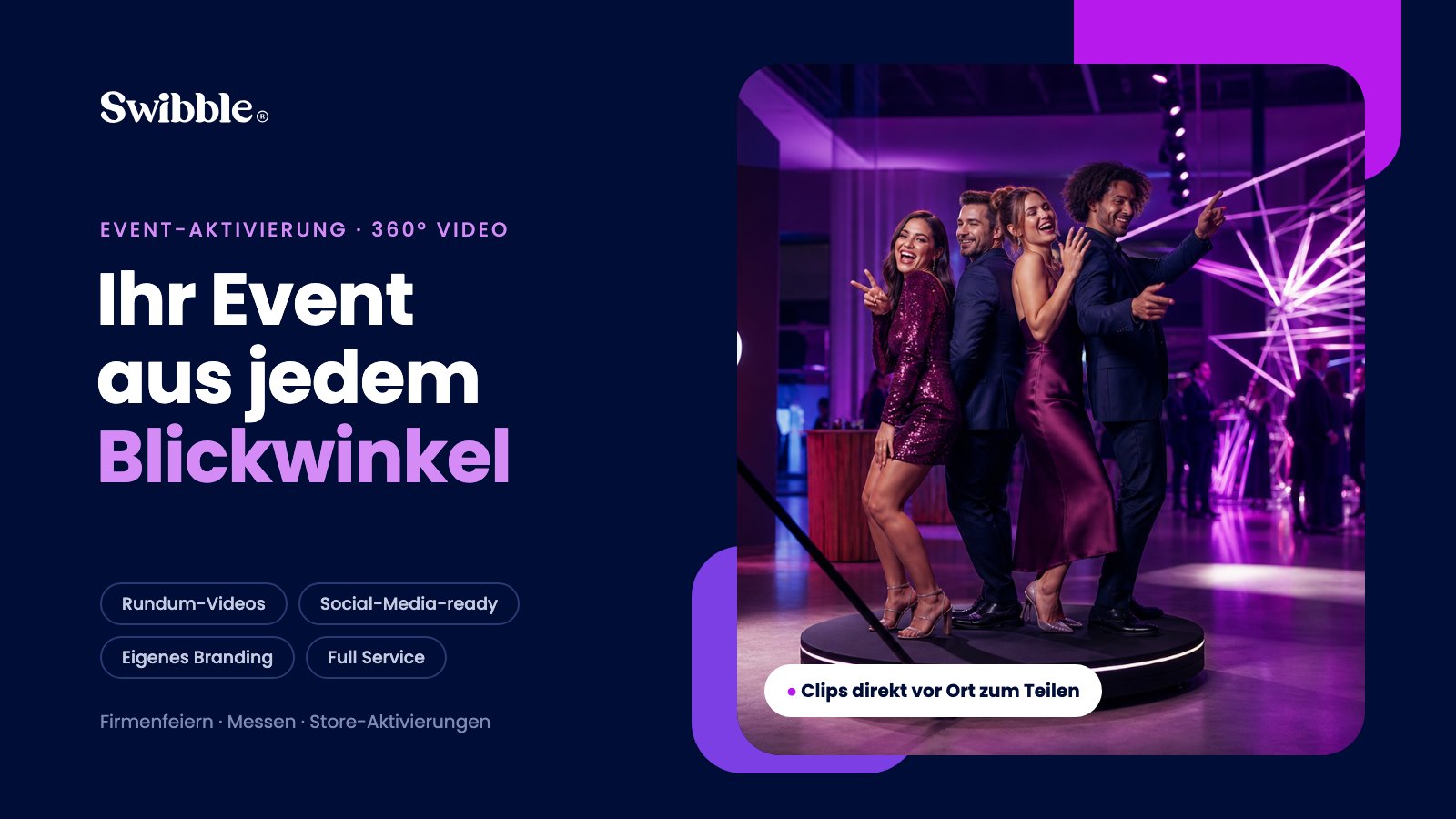 Titelbild „Ihr Event aus jedem Blickwinkel“: vier Gäste posieren lachend auf der 360° Video Station von Swibble bei einem Abendevent