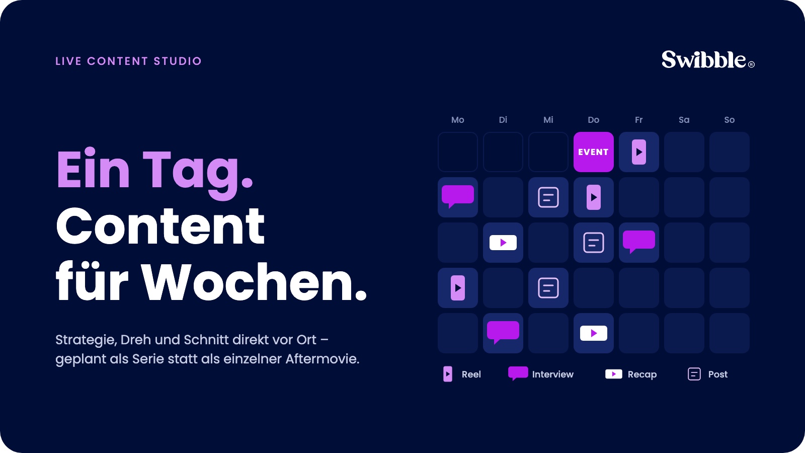 Kalender mit einem Eventtag, auf den über fünf Wochen Reels, Interviews, Recaps und Posts folgen