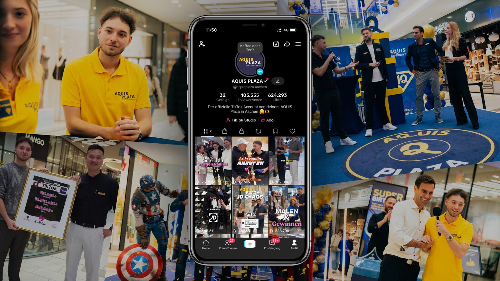 Collage zur Case Study Aquis Plaza Aachen: Smartphone mit dem TikTok-Profil des Centers, umgeben von Szenen aus Drehs und Events