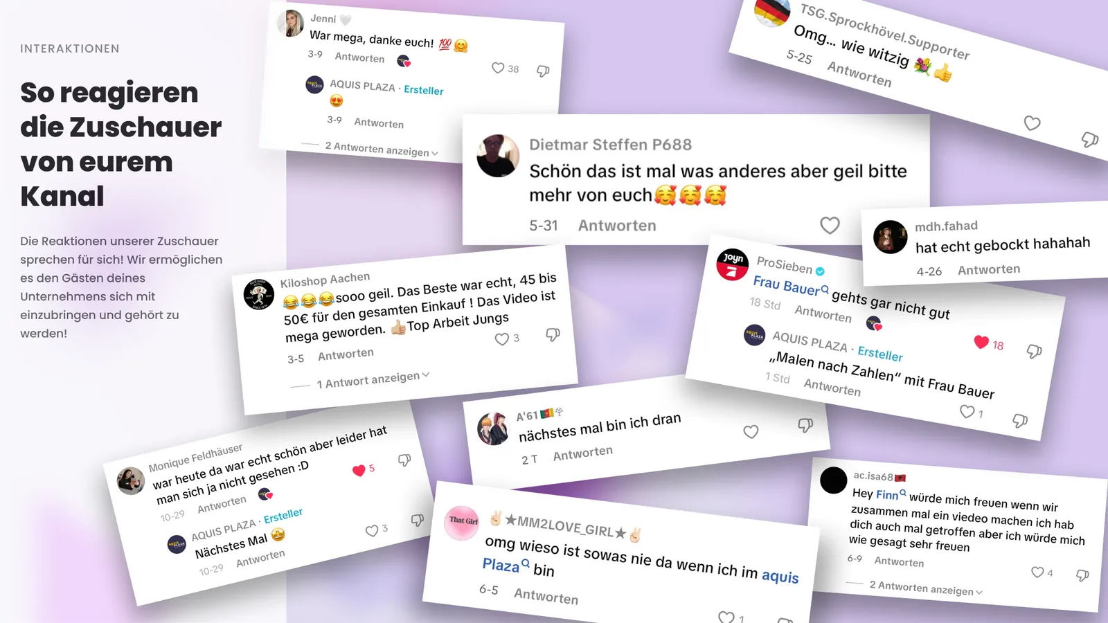 Auswahl positiver Kommentare von Zuschauern unter TikTok-Videos des Aquis Plaza