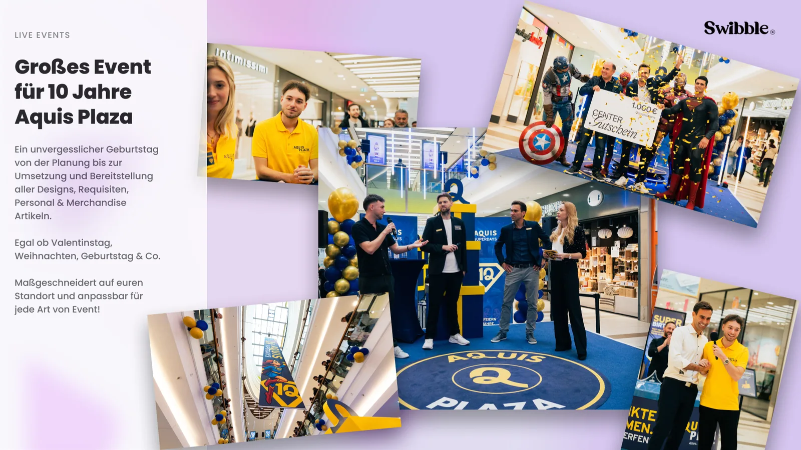 Collage vom Jubiläumsevent „10 Jahre Aquis Plaza“ mit Bühnenmoderation, Gästen und Gutscheinübergabe