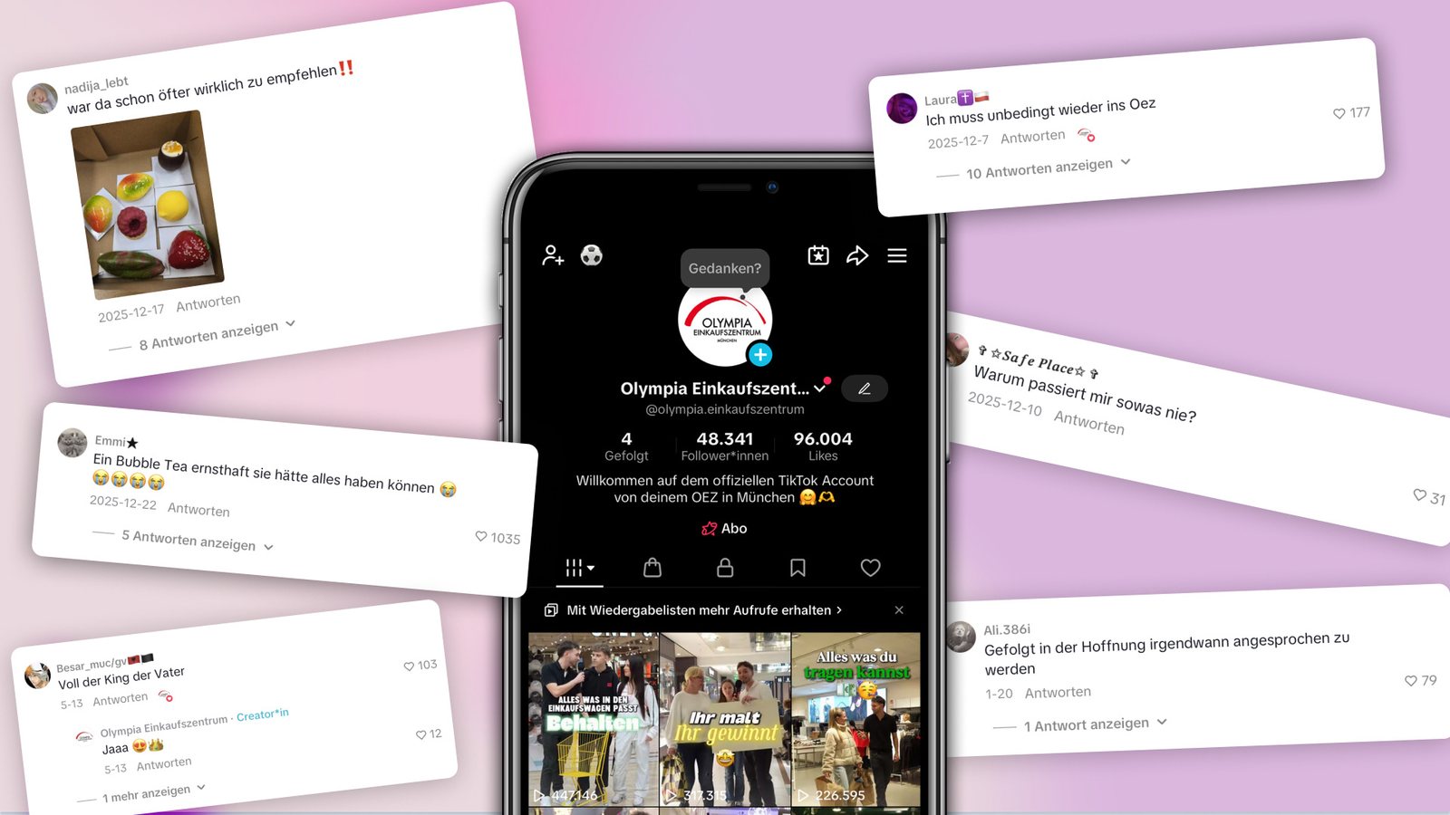 Smartphone mit dem TikTok-Profil des Olympia-Einkaufszentrums, umgeben von Kommentaren der Zuschauer