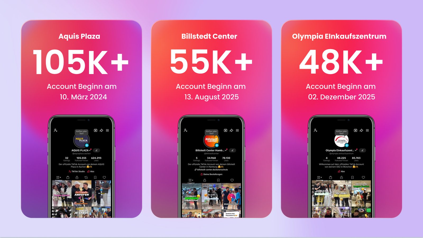 Follower-Zahlen dreier ECE-Center auf TikTok: Aquis Plaza über 105.000, Billstedt Center über 55.000, Olympia-Einkaufszentrum über 48.000