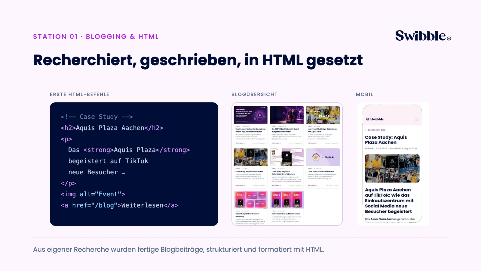 HTML-Codebeispiel einer Case Study zum Aquis Plaza neben der Swibble-Blogübersicht und der mobilen Ansicht eines Blogbeitrags