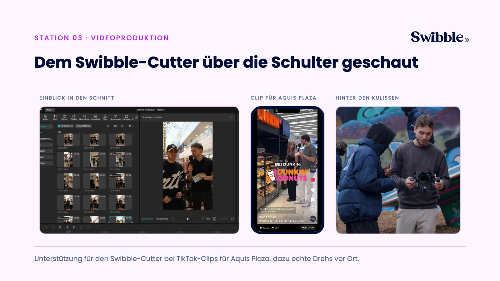 Einblick in den Videoschnitt in CapCut, ein vertikaler TikTok-Clip für Aquis Plaza im Smartphone-Rahmen und ein Foto von einem Swibble-Videodreh mit Gimbal