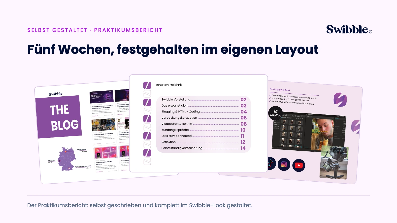 Drei Seiten aus dem selbst gestalteten Praktikumsbericht: die Blog-Doppelseite, das Inhaltsverzeichnis und die Seite zu Videodreh und Schnitt
