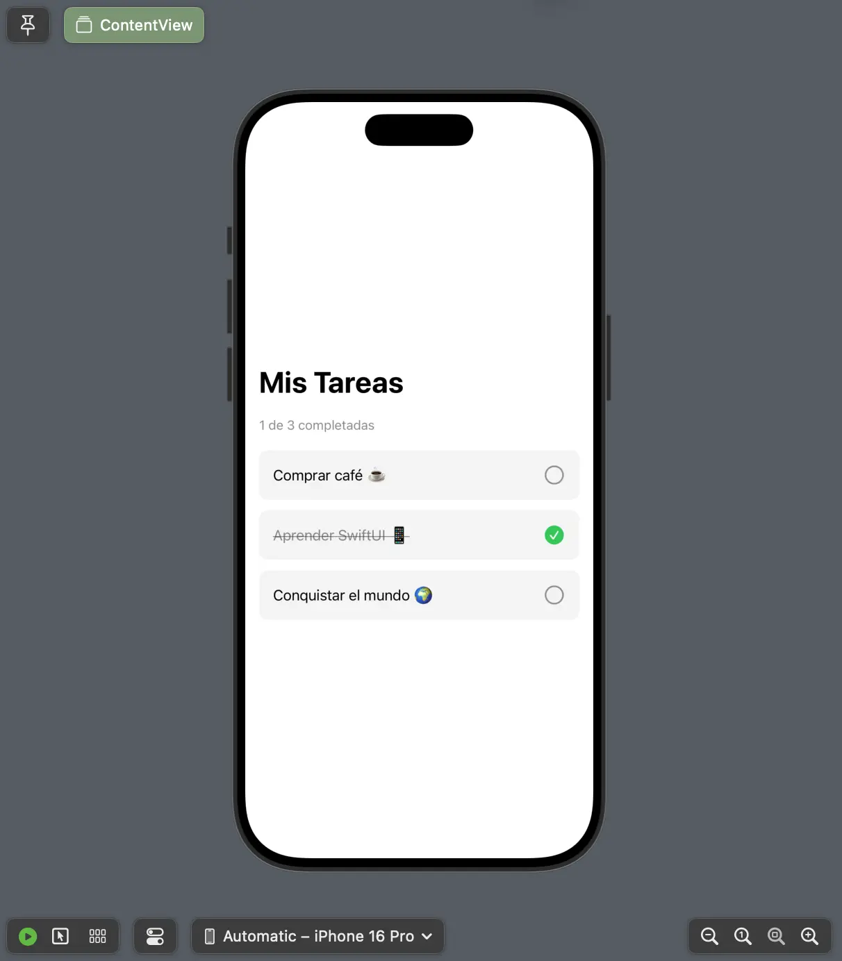 La app de tareas funcionando con algunas tareas marcadas