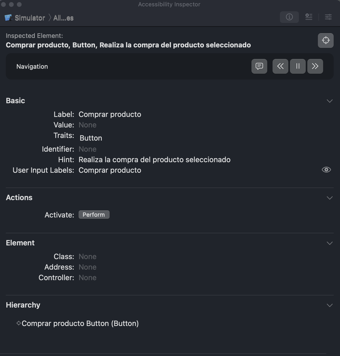 Captura del inspector de accesibilidad en Xcode