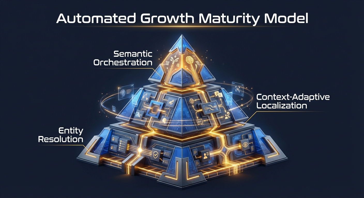 A high-fidelity, tiered pyramid graphic displaying the 'Automated Growth Maturity Model.' The base is 'Entity Resolution', the middle is 'Context-Adaptive Localization', and the apex is 'Semantic Orchestration.' The visual should use the clinically provocative SwiftXEO brand colors.