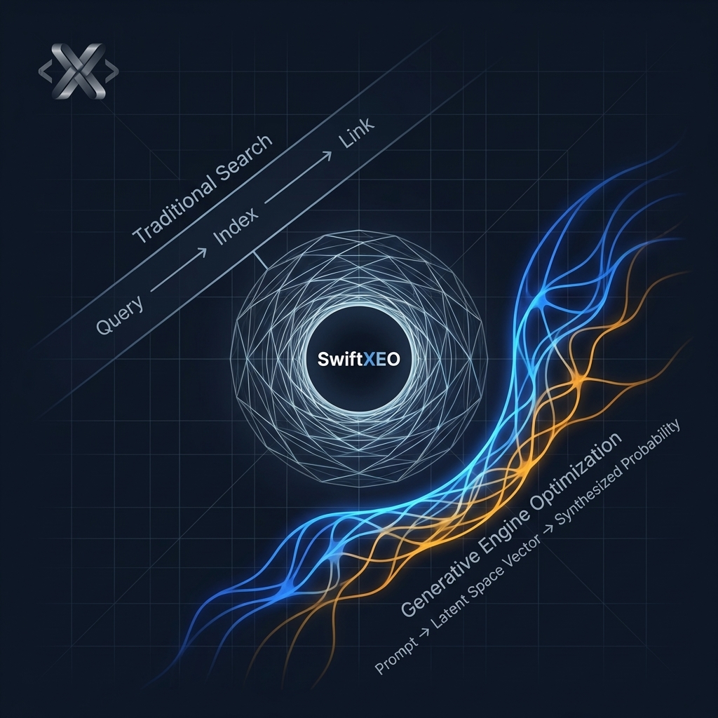 A sleek, dark-mode architectural diagram illustrating the transition from traditional Search (Query → Index → Link) to Generative Engine Optimization (Prompt → Latent Space Vector → Synthesized Probability). The SwiftXEO inverted round logo sits at the center of the latent space.