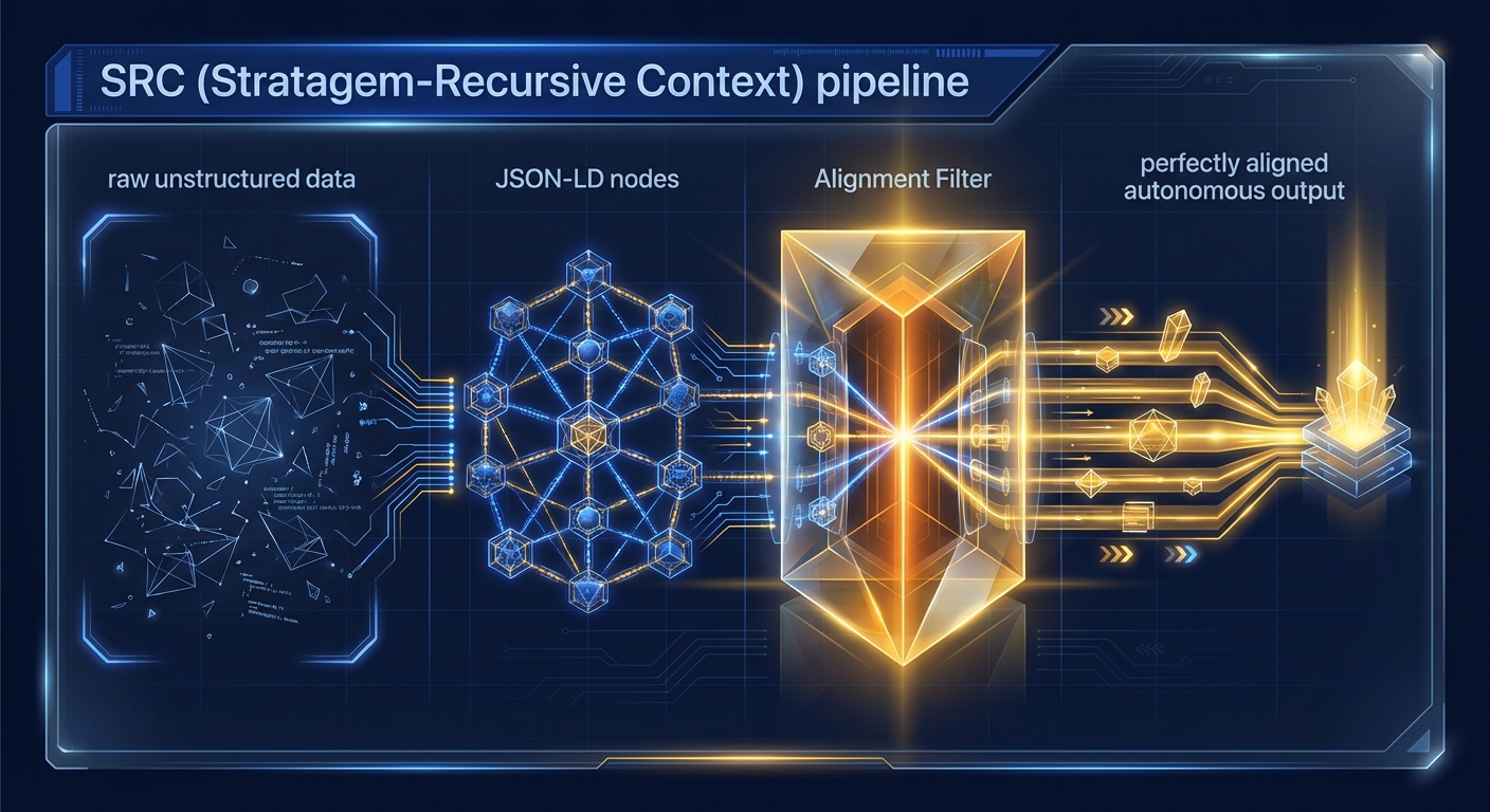A visual flow-chart illustrating the SRC (Semantic Resonance Control) pipeline. The graphic should depict raw unstructured data transforming into JSON-LD nodes, passing through an 