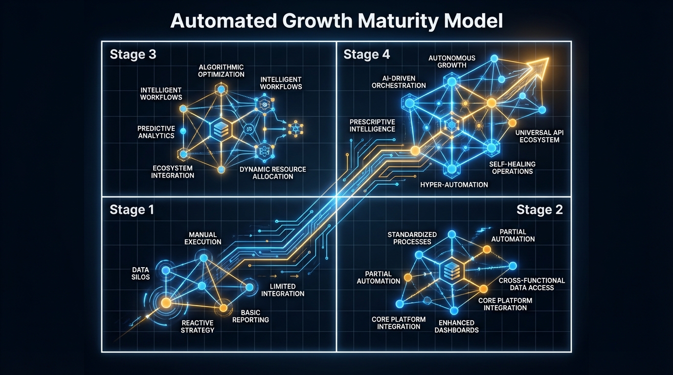 A sleek, professional matrix chart detailing the 4 stages of the Automated Growth Maturity Model. The chart should use SwiftXEO brand colors—deep tech blacks, clinical whites, and vibrant accent data points.