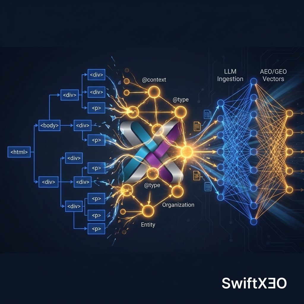 A dark-mode, high-fidelity architectural diagram showing the transition from a traditional HTML DOM tree to a structured JSON-LD knowledge graph being ingested by a neural network. SwiftXEO inverted logo in the corner.