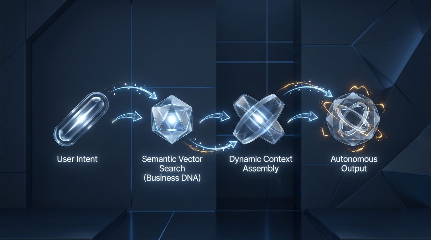 A sleek, highly technical UI/UX diagram floating in a dark architectural space. It illustrates the 'Proprietary RAG Architecture (SRC)' workflow. Crisp, glowing white and blue arrows connect functional nodes: User Intent → Semantic Vector Search (Business DNA) → Dynamic Context Assembly → Autonomous Output. The aesthetic should feel like an advanced operating system built for enterprise executives.