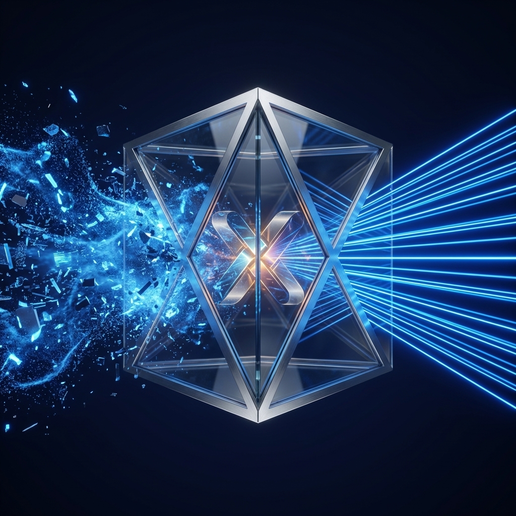 An abstract, architectural visualization of the 'Magician' archetype. Deep indigo and metallic silver tones. A chaotic cloud of data particles on the left smoothly transitions through a glowing, precision-engineered geometric prism (representing SwiftXEO) into perfectly aligned, structured beams of light on the right. Subtle integration of the SwiftXEO inverted logo geometry: https://firebasestorage.googleapis.com/v0/b/swiftxeo-core.firebasestorage.app/o/workspaces%2FNVTxbpwG3f3s2V11Nw6n%2Fbrand%2Flogos%2Finverted_1773769504161_swiftxeo-inverted-round.png?alt=media&token=f28d1bc8-f32d-4b3b-9fe6-2e1c2a263fce