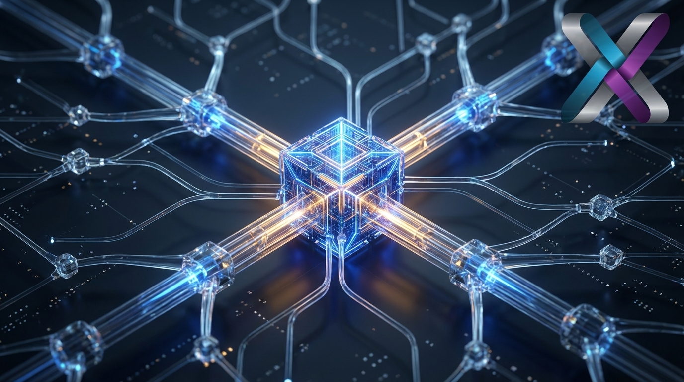 A conceptual data-visualization macro shot. A central, glowing node representing a company's 'Business DNA' (using the primary SwiftXEO logo color palette) extends flawless, interconnected neural pathways outwards, illuminating a vast, previously dark network. It visually captures the concept of achieving 'Share of Model' through architectural precision and semantic clarity.