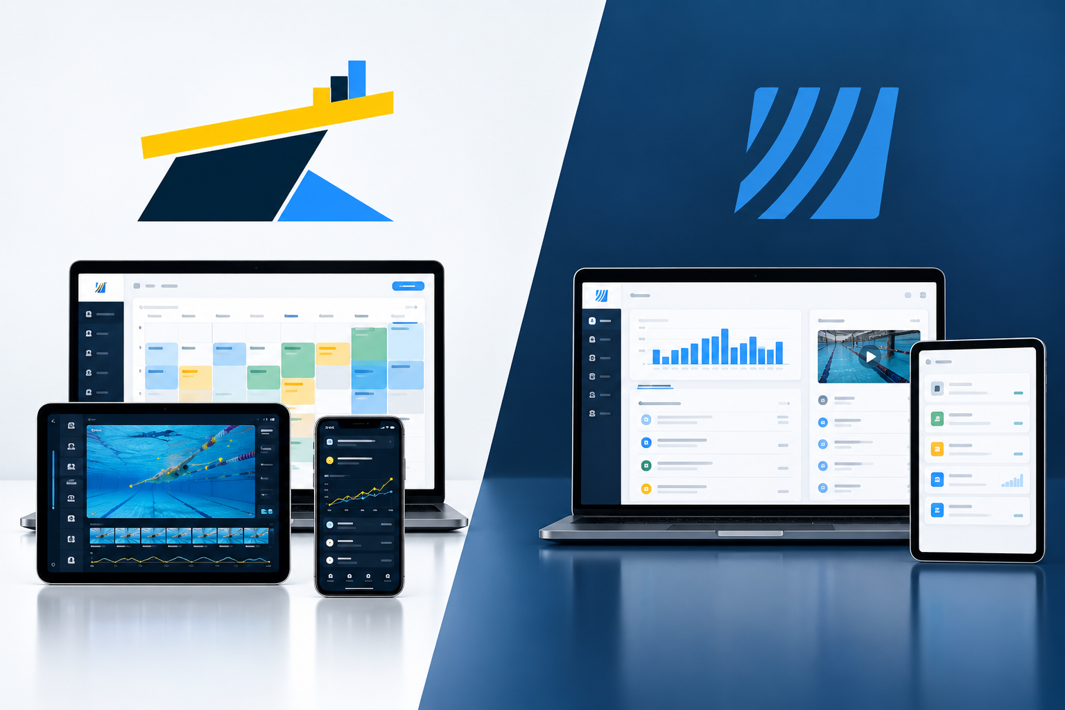 Swim Suite on laptop, tablet and phone: a training calendar, underwater swim video analysis and training charts