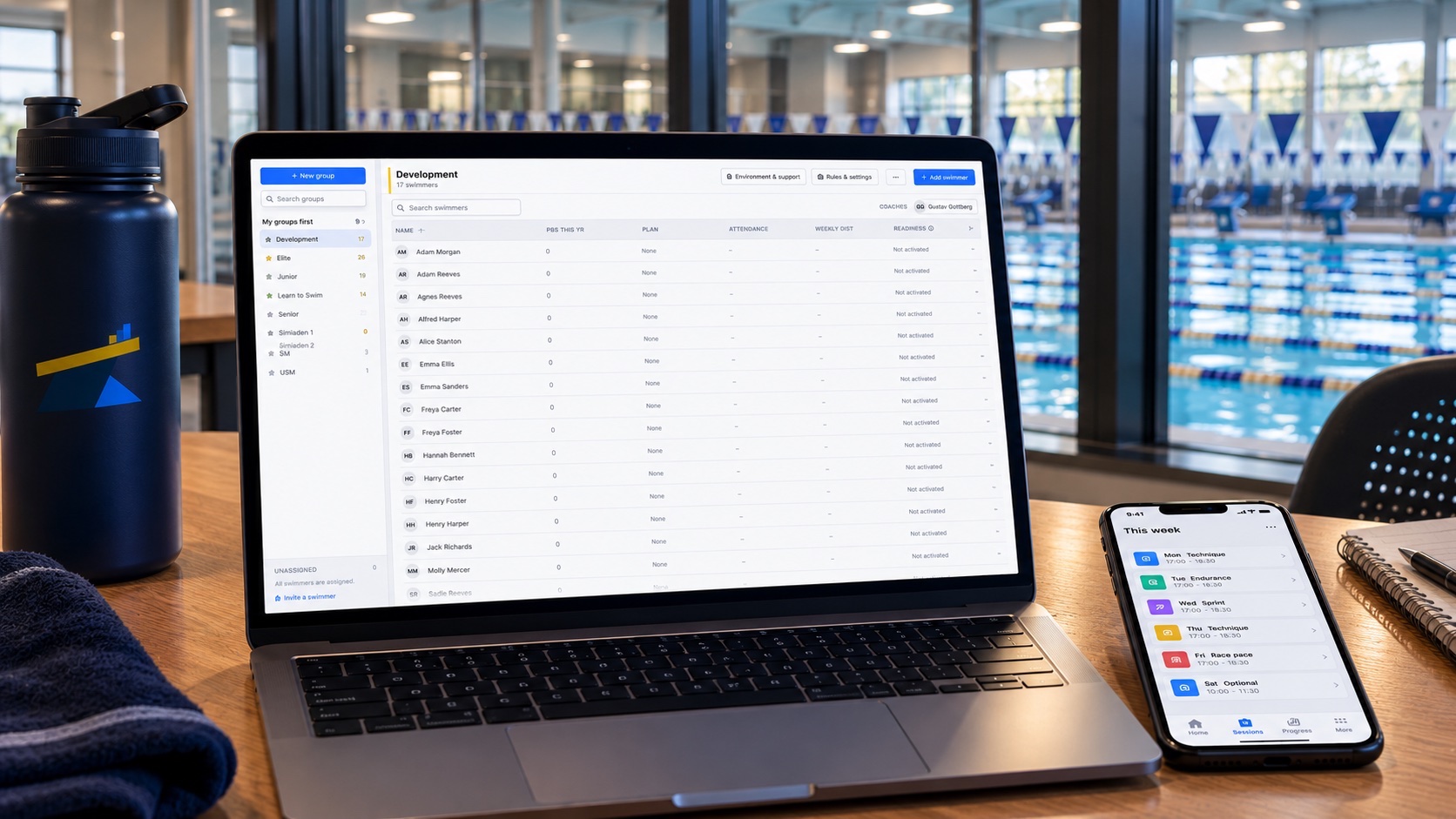 Swim Suite on a laptop by the pool showing a club's training groups and a group roster, with a swimmer's week on a phone