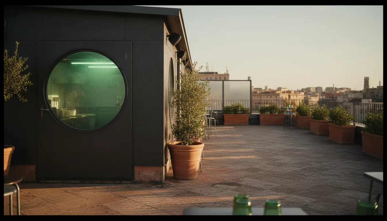 Rooftop terrace of a small restaurant at sunset, with a round window into the kitchen and potted olive trees