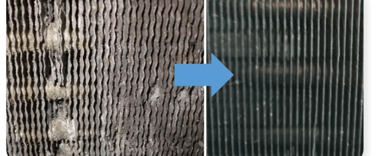Close-up of a corroded AC condenser coil