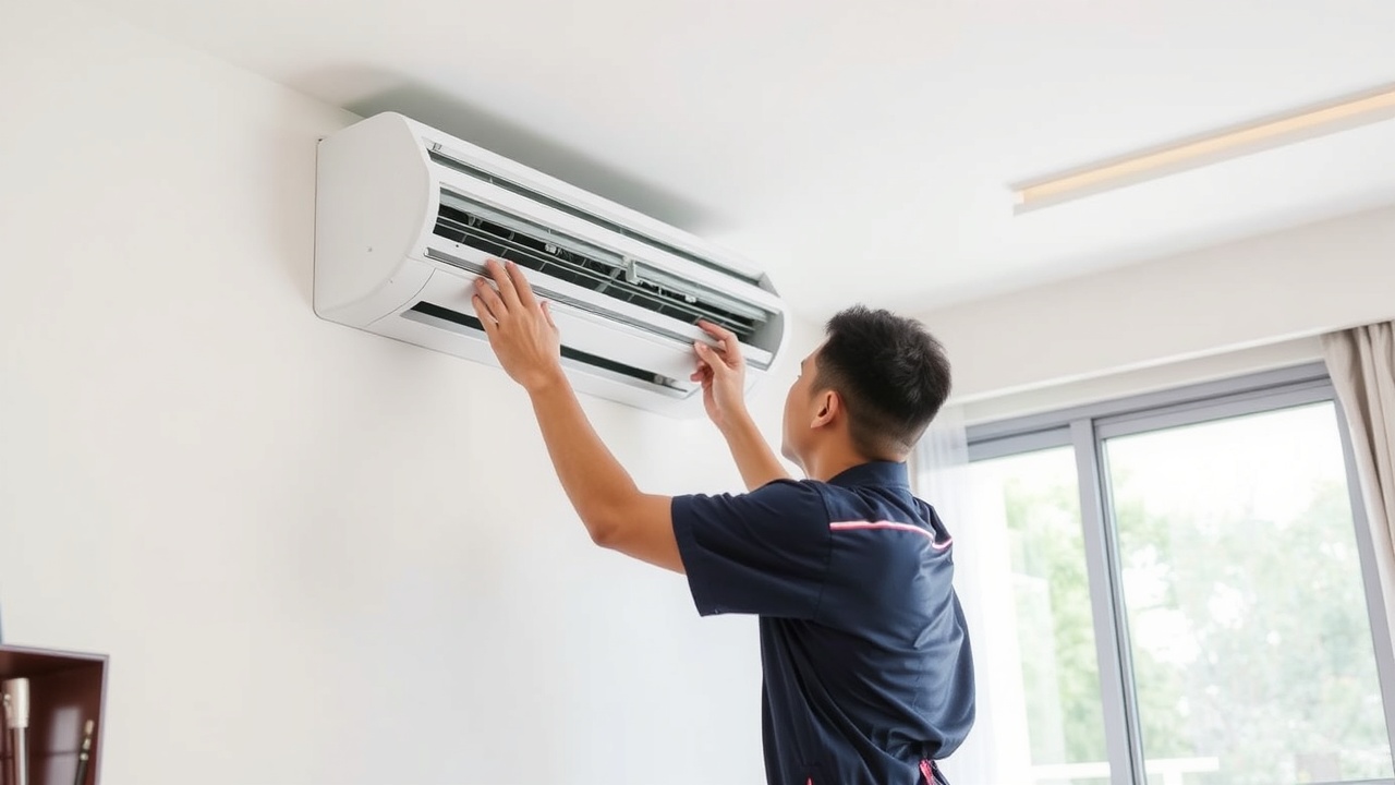 Technician servicing a wall-mounted aircon unit in Singapore