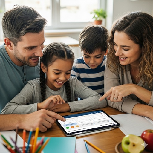 A family smiling and using a laptop together
