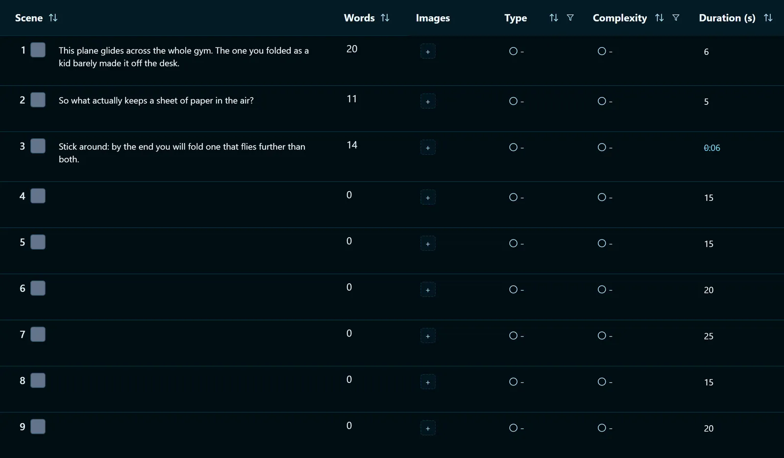The storyboard table listing each scene with its word count and its length in seconds