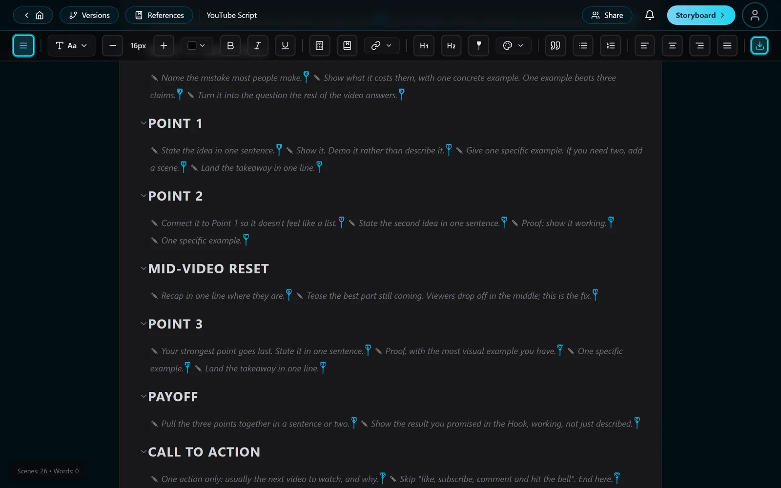 Point 1 to Call to action in the editor, each scene holding a line of guidance in italics