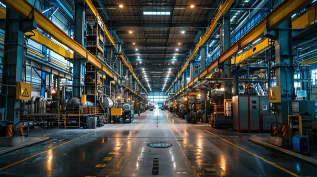 Industriehalle mit gelben Stahlträgern -- Referenzaufnahme