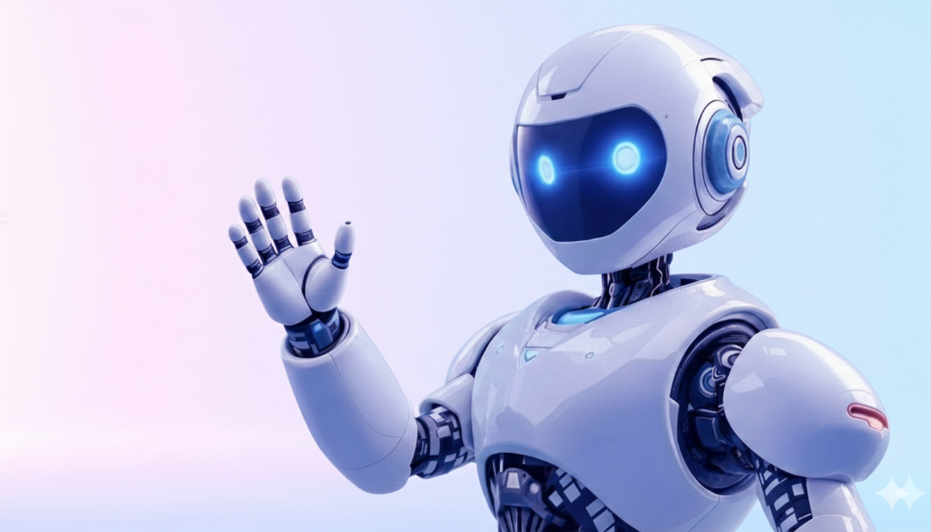 Robot bianco che saluta con la mano.