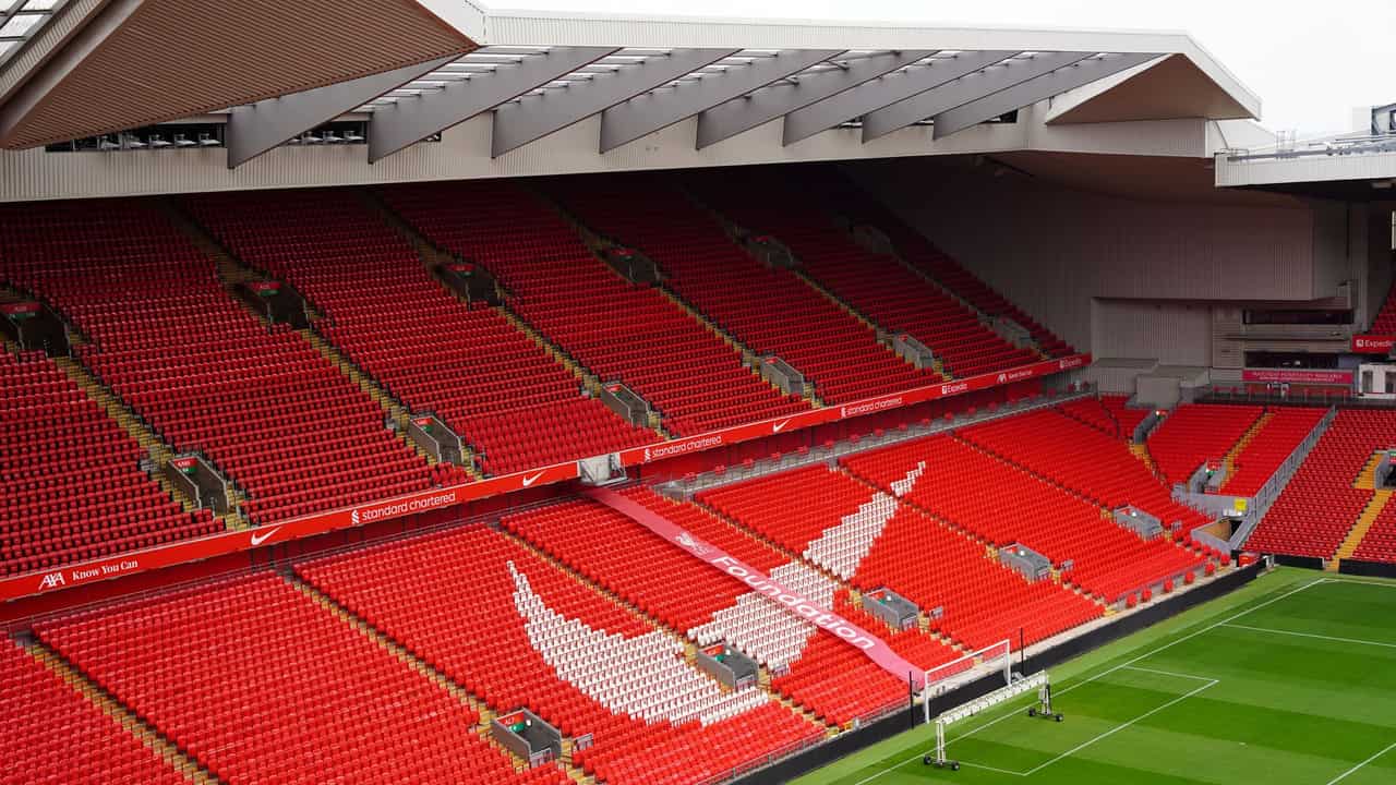 Aerial view of Anfield Stadium's iconic red seats and pitch, showcasing its architecture and design.