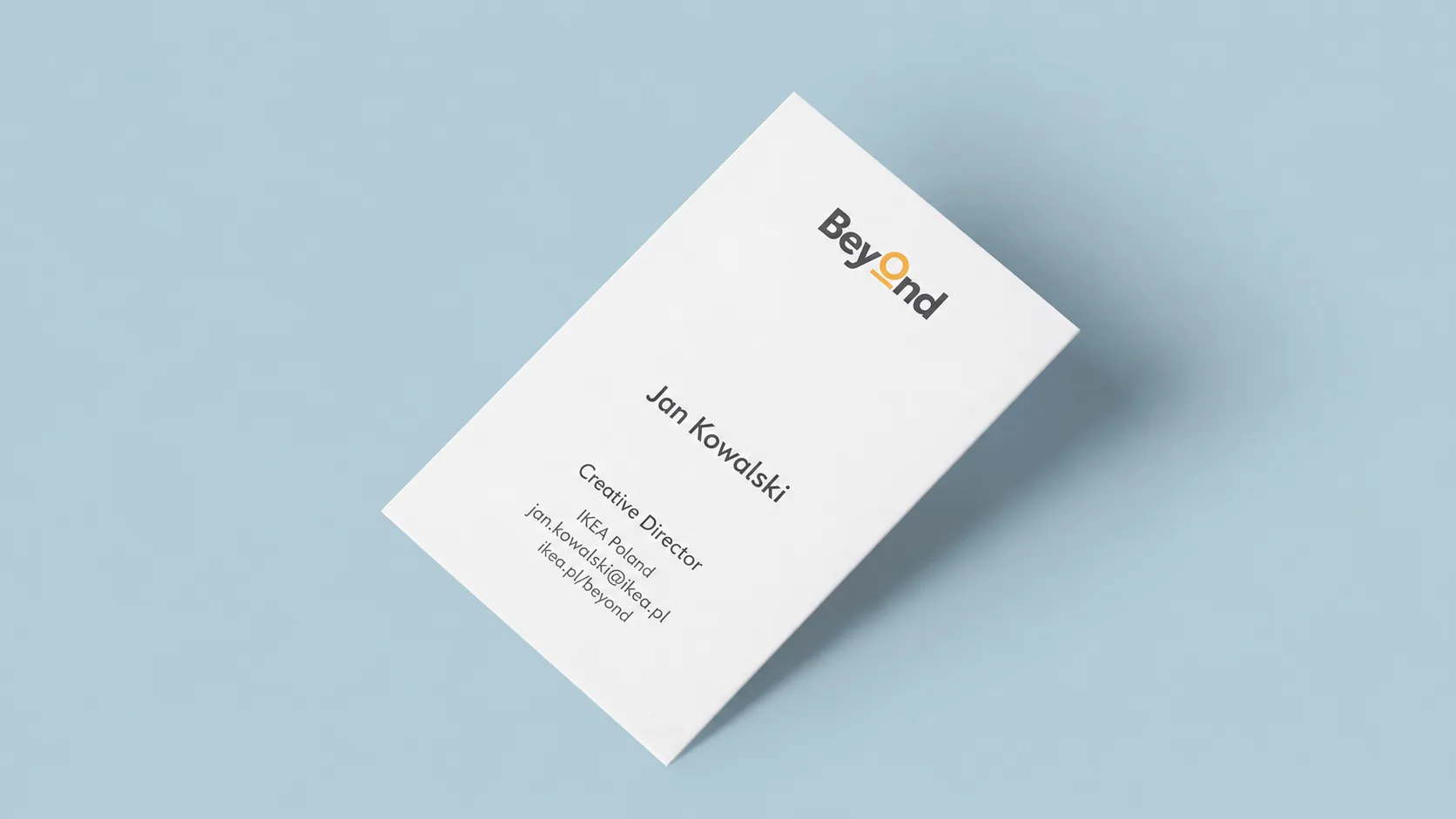 IKEA Beyond business card displayed on a pale blue background.
