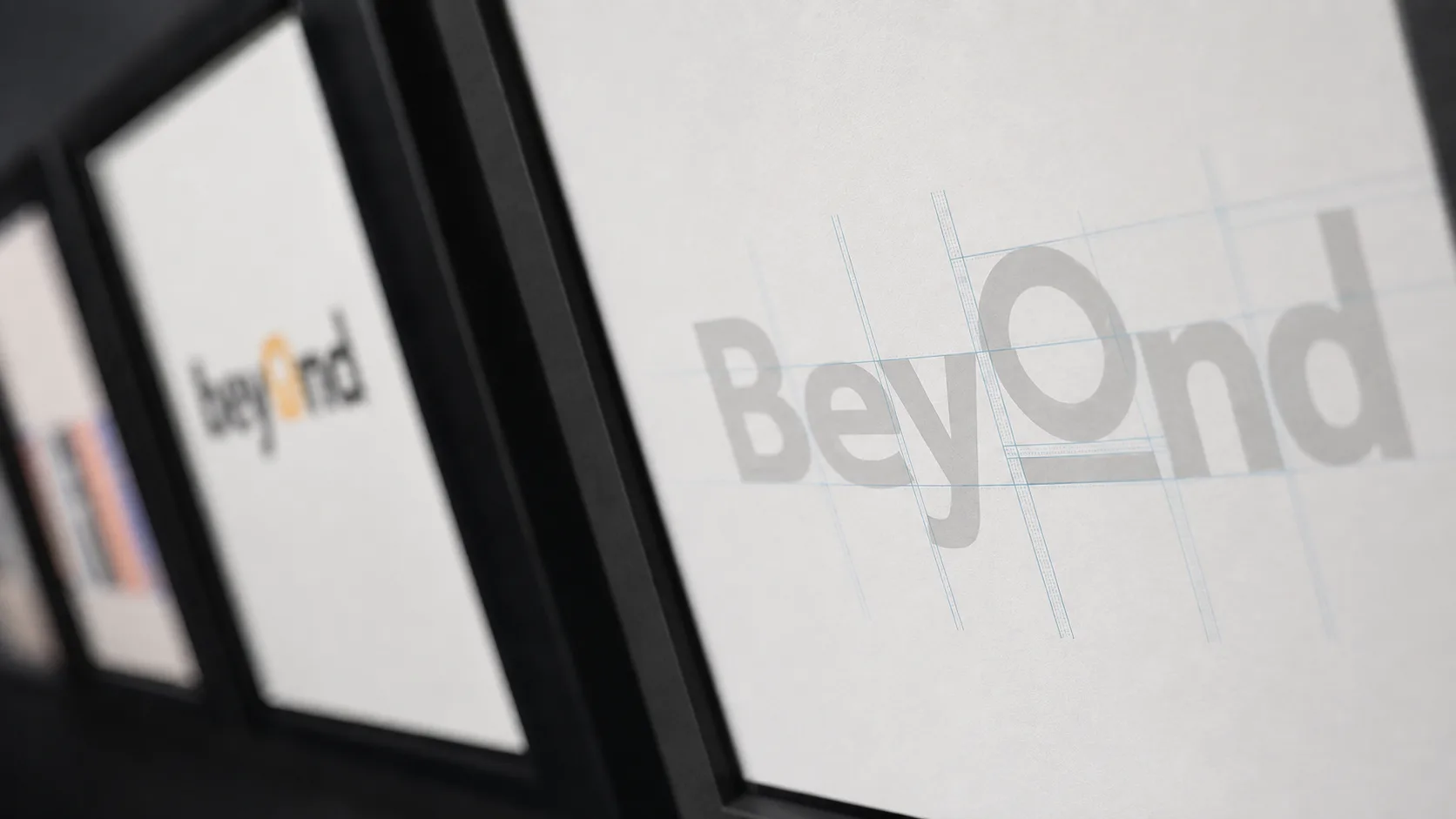 IKEA Beyond logo construction studies displayed on presentation boards.