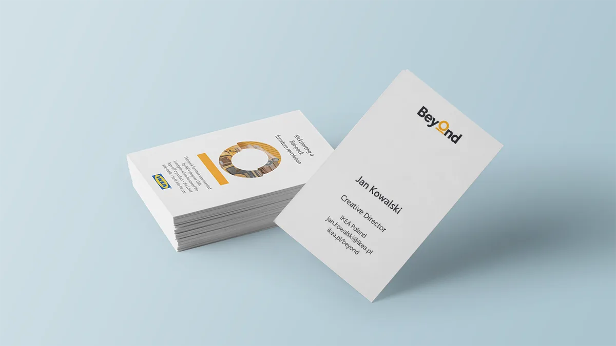 Front and reverse sides of the IKEA Beyond business card, featuring a story from IKEA’s history.