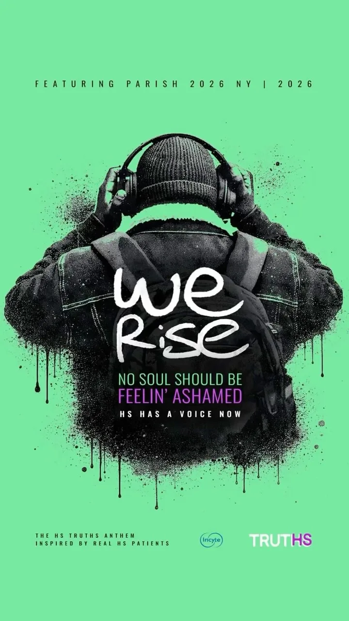 “We Rise” campaign artwork featuring hand-drawn white lettering over a black-and-green portrait.