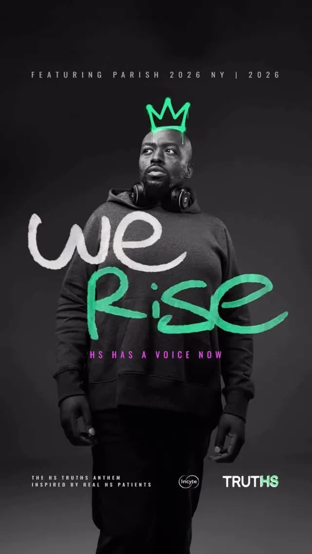 “We Rise” title artwork in white and green lettering over a monochrome portrait of Parish.