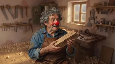 An old carpenter with a round red nose happily holds a block of firewood in a warm, cluttered workshop.