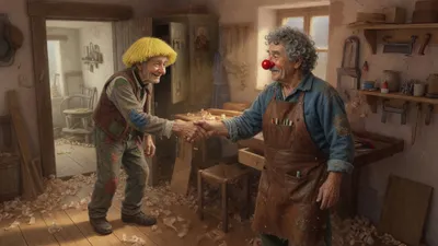 A short old man in a bright-yellow wig and patched clothes greets a red-nosed carpenter in a workshop.