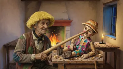 An old man in a yellow wig carves a pale wooden puppet with a long nose in a small candlelit room.